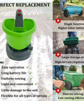 Electric Handheld Spreader For Seeds And Fertilizer With Type C Charging shown on soil with ergonomic handle and green hopper