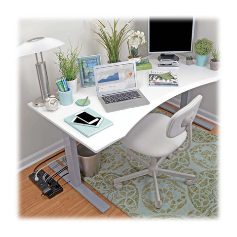 Home Theater Surge Protector Power Strip With 12 Outlets 8 Feet Flat Plug Extension Cord under desk setup with laptop and decor