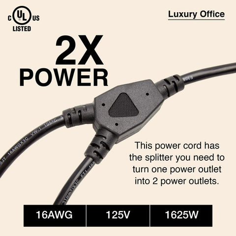 Two-Way Power Splitter with black 3 ft cables, featuring 2-prong outlets and Y-style extension for office use, 16AWG design.