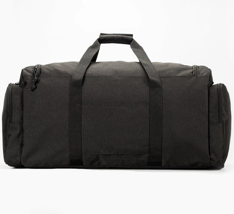 60L Heavy Duty Duffel Travel Bag With Waterproof 900D Exterior And Foldable Design, large black gear bag, front view.