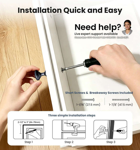 Installation process for Beefy Matte Black Zinc Alloy Cabinet Knobs 5 Pack, Solid Round Single Hole Pulls, with screwdriver and screws.