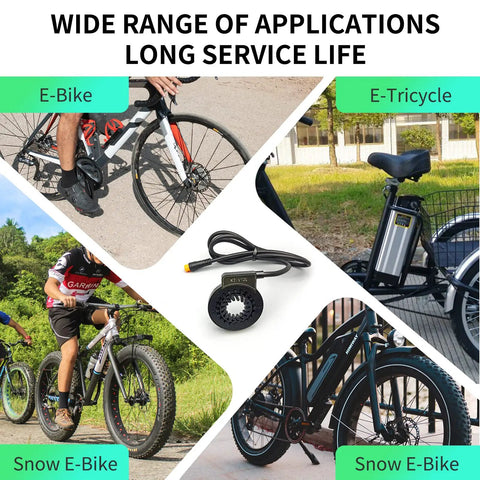 Ride Ready V12 L Dual Hall Pedal Assist Sensor for E-bike Left Crank with 12 Magnets Signal Output displayed in use cases.