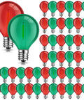 Christmas-themed red and green LED globe bulbs for C7 and E12 bases, arranged in a pattern.