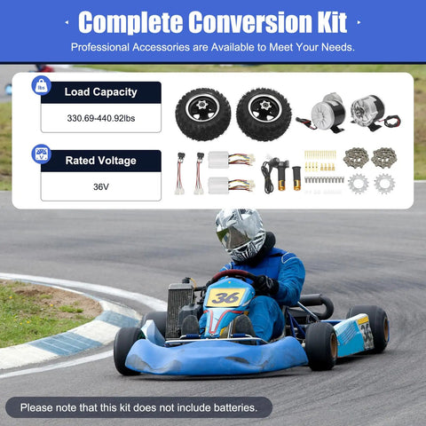 Go-kart on racetrack with complete conversion kit featuring 36V 350W Electric Cart Conversion Kit With 10 Inch Wheels, Motor Set