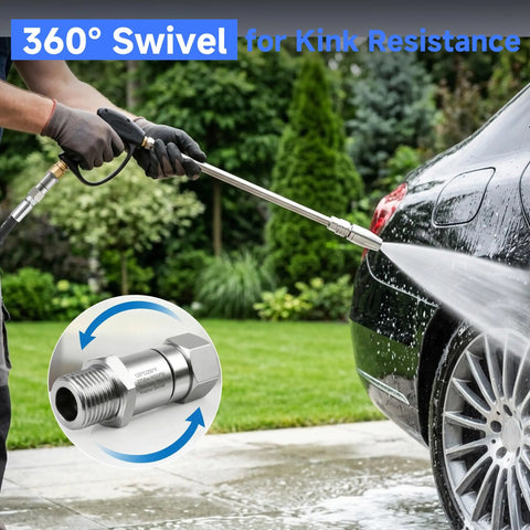 Pressure Washer Swivel Fitting Three Eighth Inch NPT 360 Degree Joint Kink Resistant Reduces Hose Stress For Smooth Water Flow And Easy Maneuvering For Smooth Operation And Long Lasting Durability on car wash wand