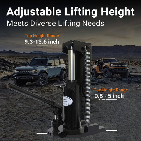 Dual-Function 2.5 Ton Toe Jack and 5 Ton Heavy-Duty Hydraulic Floor Jack for Auto Repair showing adjustable lifting height