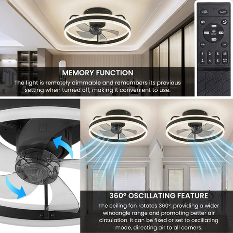 20 Inch Low Profile Ceiling Fan With Lights Dope Modern Flush Mount Dimmable LED Chandelier Glow Black 360 Degree Oscillating With Remote