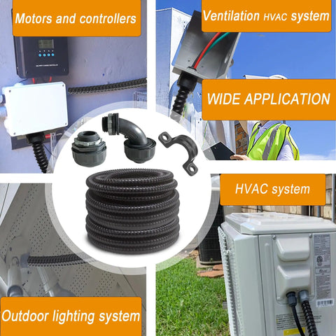 Ultra Flexible Liquid Tight PVC Electrical Conduit Kit, Half Inch Diameter, Fifty Feet, Black Finish, multi-use wiring applications