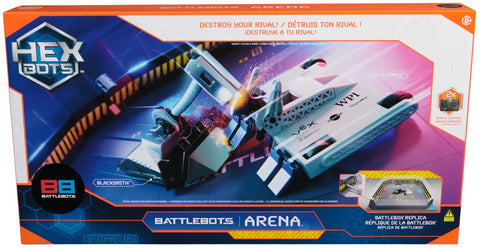 Hella Entertaining BattleBots Arena Remote Control Robot Building Kit With Twenty Plus Pieces Boss Level STEM Project For Girls Boys Seven Plus Totally Sick Combat Action Set box showing combat robots and arena.