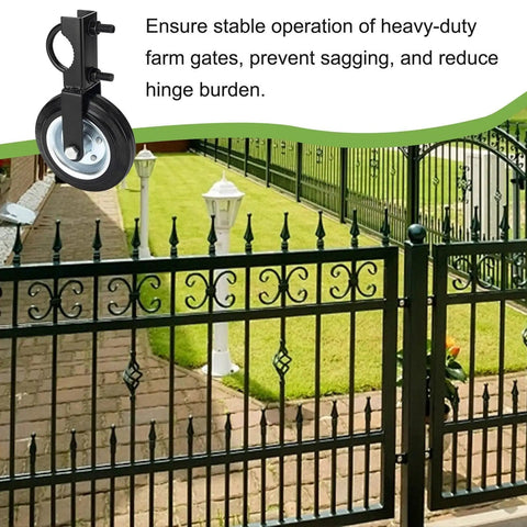 Heavy Duty Fence Gate Wheel With Wrench Tightened U Bolt And Effortless Adjustment System For Yard Or Ranch Projects installed on a gate.