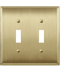 Toggle Light Switch Wall Plate 2 Gang Metal Cover In Stainless Steel With Brushed Brass Finish Built To Last Corrosion Resistant UL Listed High Impact 4.88 x 4.92 Inches 1 Pack front view