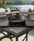 Outdoor scene with stovetop and pan on Folding Table Corner Brackets For Camping In Stainless Steel, 90 Degree Triangle Connection Plates.
