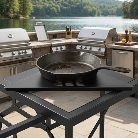 Outdoor scene with stovetop and pan on Folding Table Corner Brackets For Camping In Stainless Steel, 90 Degree Triangle Connection Plates.