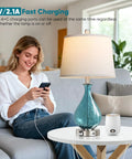 Cool Blue Ice Crackle Glass Table Lamps Set Of 2 22.5 Inch LED Lights With Touch Control And 3 Way Dimming White Fabric Shade