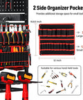 All In One Power Tool Organizer Cart With Charging Station And Wheels For Garage Ready Heavy Duty Tool Storage With Pegboard Hooks 24 Large Drill Racks And 8 Outlets For Easy Charging And On The Go Mobility showing side organizer pockets with various hand tools and dimensions.