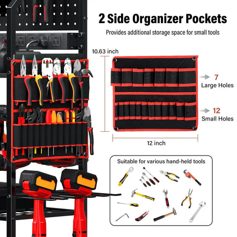 All In One Power Tool Organizer Cart With Charging Station And Wheels For Garage Ready Heavy Duty Tool Storage With Pegboard Hooks 24 Large Drill Racks And 8 Outlets For Easy Charging And On The Go Mobility showing side organizer pockets with various hand tools and dimensions.