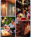 Collage of outdoor scenes with holiday decor and lighting, featuring Weatherproof Outdoor Remote Control Outlet Kit with 100 ft range.