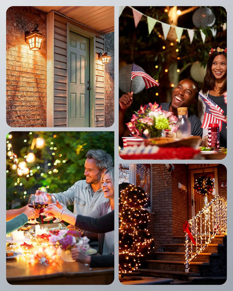 Collage of Wireless Outdoor Outlet with Remote Control used for lighting during various outdoor celebrations and festive scenes.