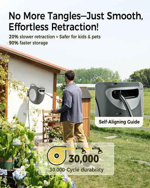 Man using Retractable Garden Hose Reel With 5/8 Inch By 100 Foot Hose, Beefy All Metal Wall Mount Bracket in garden setting