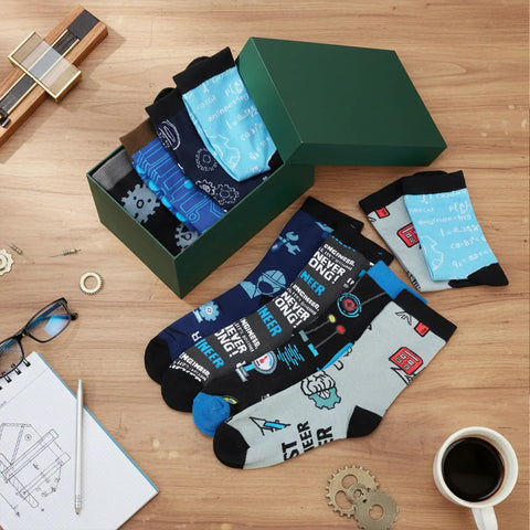 8 Pairs Engineer Socks For Men Novelty Mechanical Crew Socks Gift Set Cotton Comfort With Gear, Wrench, Protractor And Compass Designs