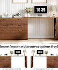 L Shaped 47 Inch Corner Desk With Six Drawers And File Cabinet Rustic Walnut Farmhouse Computer Desk For Multi Monitor Setup Boss Level Space Saving Desk To Maximize Space And Productivity with two placement options in home office setting.