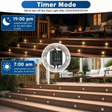 Recessed Deck Stair Lighting Kit With Timer Sensor And Photocell Dimmable 12V Low Voltage LED Step Lights in timer mode on steps