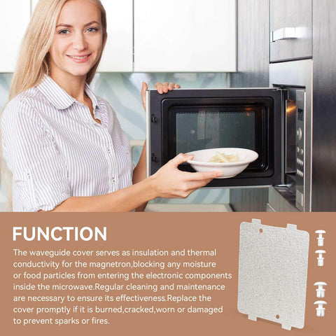 Woman using microwave with Grease And Moisture Shield Microwave Waveguide Cover for GE microwaves nearby
