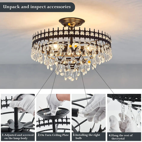 5-Light Modern Crystal Chandeliers Dope Matte Black Semi-Flush Mount Ceiling Light Fixture installation process steps