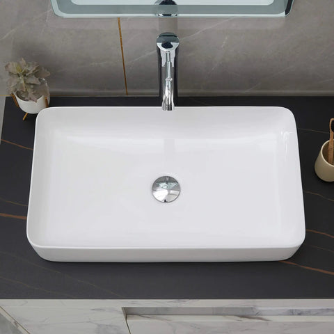 Vessel Sink and Pop Up Drain Kit, 24 By 14 Inch Rectangular Above Counter White Porcelain Ceramic Bathroom Vanity Basin