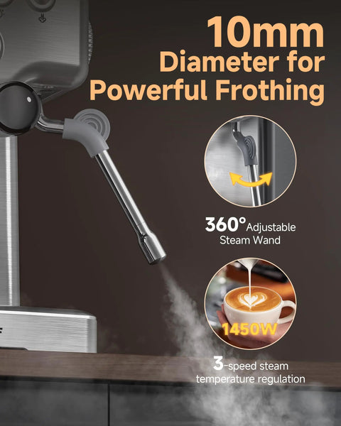 Pro Barista 15 Bar Espresso Machine With Precision 58 Millimeter Portafilter, 360° adjustable steam wand for frothing.