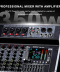 Professional mixer with amplifier showcasing controls and inputs, labeled 350W, Four Channel Audio Interface Mixer With 256 DSP Bluetooth Connectivity 48V Phantom Power And Two 350W Amplifiers At 4 Ohms For Studio Recording DJ Mixing Karaoke Live Performances And Streaming