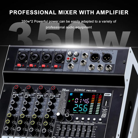 Professional mixer with amplifier showcasing controls and inputs, labeled 350W, Four Channel Audio Interface Mixer With 256 DSP Bluetooth Connectivity 48V Phantom Power And Two 350W Amplifiers At 4 Ohms For Studio Recording DJ Mixing Karaoke Live Performances And Streaming