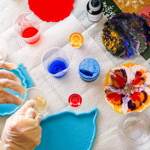 Epoxy pigment paste set, overhead view, with 6 colors for resin art and DIY projects