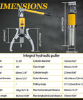 Dimensions of YL 30T 30 Ton Hydraulic Gear Puller Kit with specifications chart and component sizes