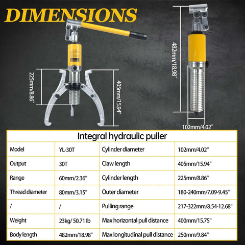 Dimensions of YL 30T 30 Ton Hydraulic Gear Puller Kit with specifications chart and component sizes