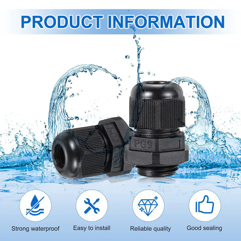Six Pack PG19 Cable Glands 12-15mm Thread Waterproof Adjustable Cable Connectors For Industrial Junction Boxes Machinery Outdoor Panels Control Boxes Black