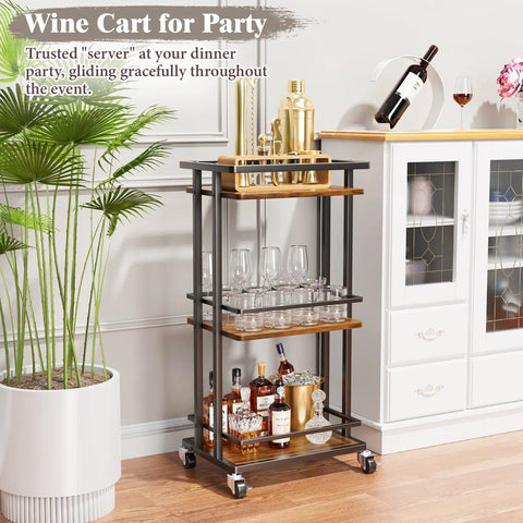 Slick Industrial 3 Tier Bar Cart With Smooth Rolling Wheels Antiqued Wood And Steel Liquor Cabinet For Home Bar Setup with plants.