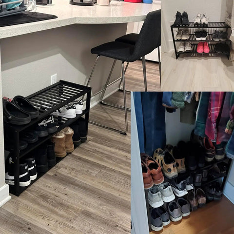 3 Tier Bamboo Shoe Rack Organizer 32.5 Inch Long Holds 9-15 Pairs Stackable Foldable Black by barstool and closet