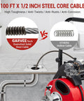 Pro Grade Electric Drain Cleaner With 100 Feet Of Toughened Steel Cable And A Rugged 370 Watt Powerplant showing durable steel core cable comparison.