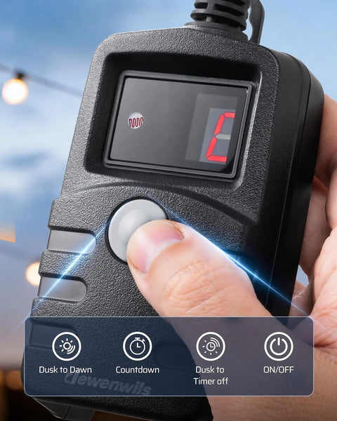 Tough As Nails Outdoor Light Timer 2 Pack Weather Resistant 13 Amp UL Listed displayed with controls and LED screen.