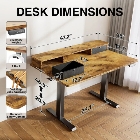 Premium Electric Standing Desk With Drawers And Monitor Shelf Adjustable Height Sit Stand Workstation Ergonomic Home Office Table Brown Finish dimensions and features display