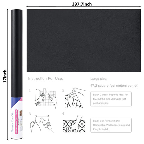 Matte Black Peel And Stick Wallpaper Roll That Gives Cabinets And Countertops A Fresh Waterproof Finish This Removable Self Adhesive Contact Paper Is Simple To Apply And Covers A Ton With Its Long Roll Made From Quality Pvc, dimensions shown.