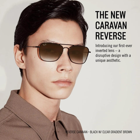 RBR0102S Caravan Reverse Sunglasses Gold Frame With Dark Green Lenses 58mm worn by person, showcasing unique design