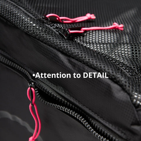 Close-up of zippered pocket on XL Mesh Duffle Dive Bag Packable Roll Up 100L For Scuba Snorkeling Gear Quick Dry Lightweight With Reinforced Bottom And Drain Vents Ideal For Beach Pool Boat And Travel
