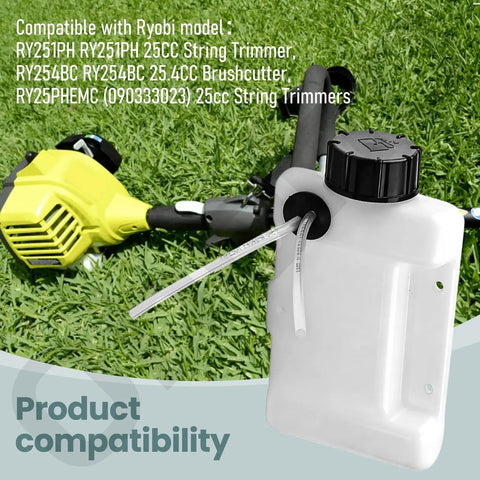 Replacement Gas Trimmer Fuel Tank With Exact Fitment And Wide Compatibility shown beside Ryobi models on grass