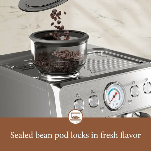Automatic Espresso Machine With Grinder And 20 Bar Pressure Serves Up Straight Fire Lattes And Cappuccinos For Your Home Barista Gear showcasing sealed bean pod.