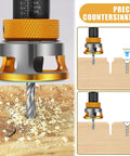 Close-up of Carbon Steel Countersink Drill Bit Set for Woodworking Pro Grade Heavy Duty Countersink Bits in use on wood