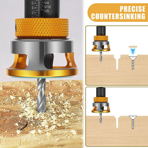 Close-up of Carbon Steel Countersink Drill Bit Set for Woodworking Pro Grade Heavy Duty Countersink Bits in use on wood