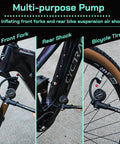Beast Mode High Pressure Bike Shock Pump in use on front fork, rear shock, and bicycle tire, 300 PSI max, aircraft-grade aluminum and ABS.