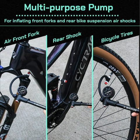 Beast Mode High Pressure Bike Shock Pump in use on front fork, rear shock, and bicycle tire, 300 PSI max, aircraft-grade aluminum and ABS.